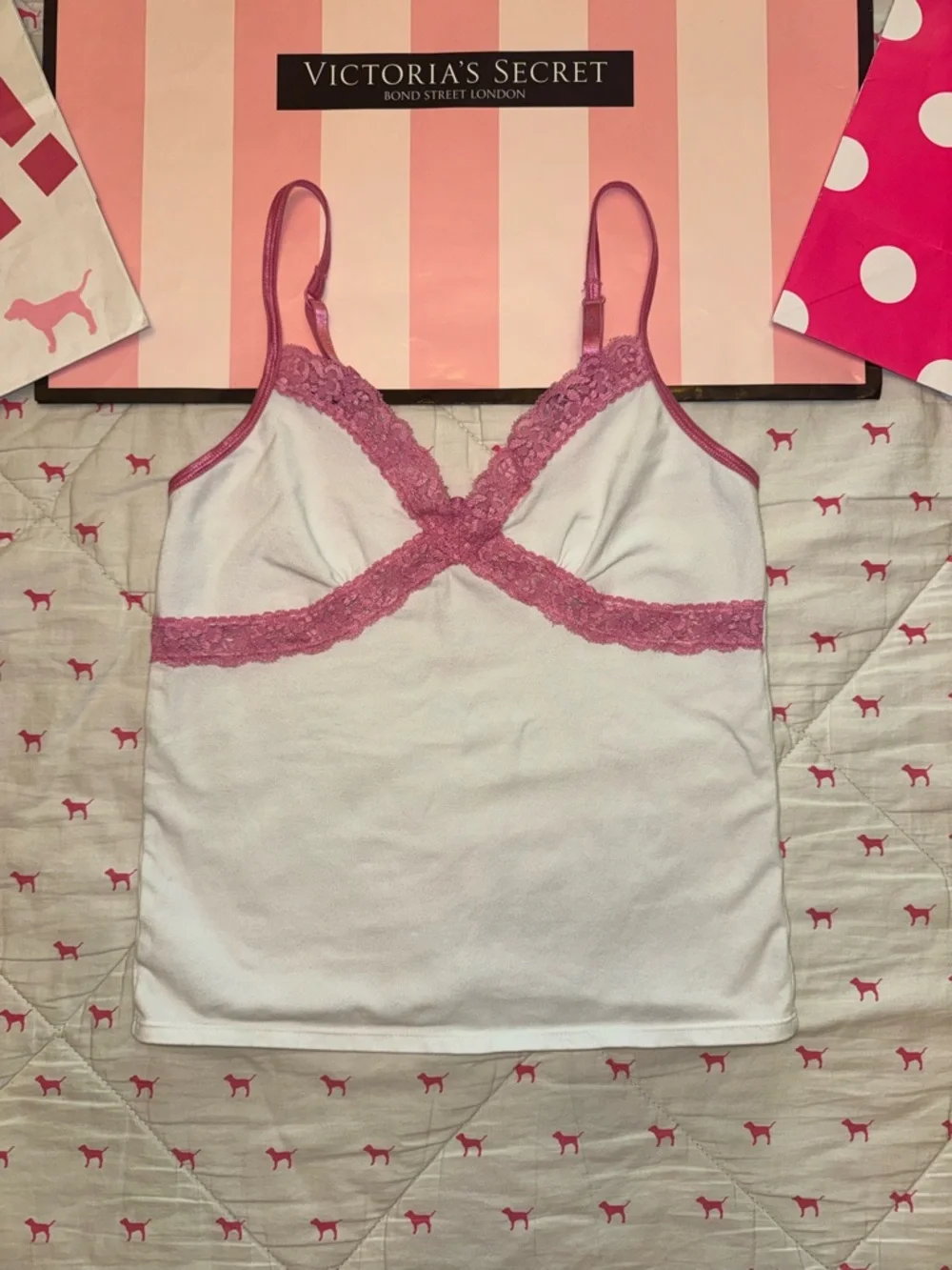 VS PINK VINTAGE Y2K SET FLORAL LOVE BOOTY SHORTS & LACE TRIM CAMI TANK TOP NWOT - Picture 2 of 13